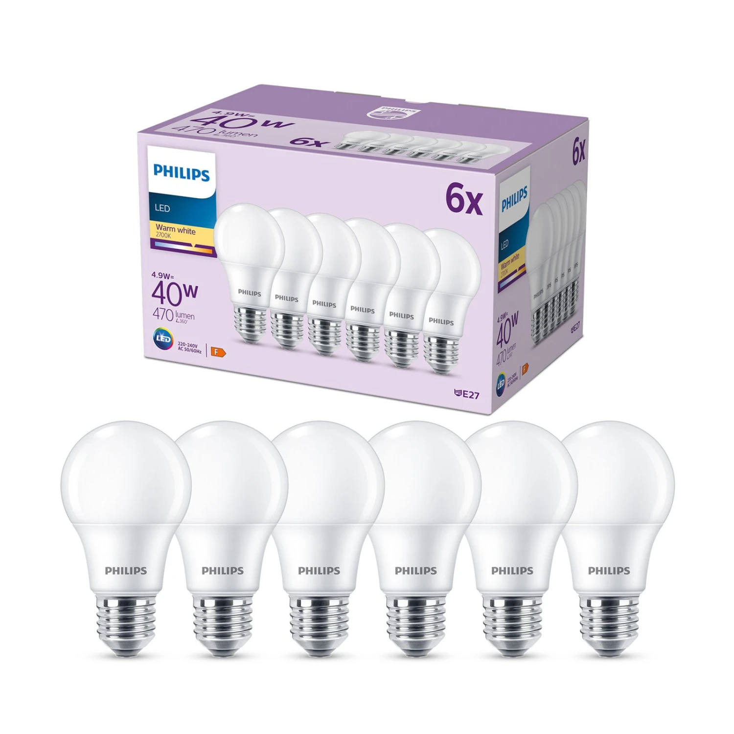 Philips LED-Lampe E27 4,9W 470lm 2.700K Matt 6er 1 Philips LED-Lampe E27 4,9W 470lm 2.700K Matt 6er