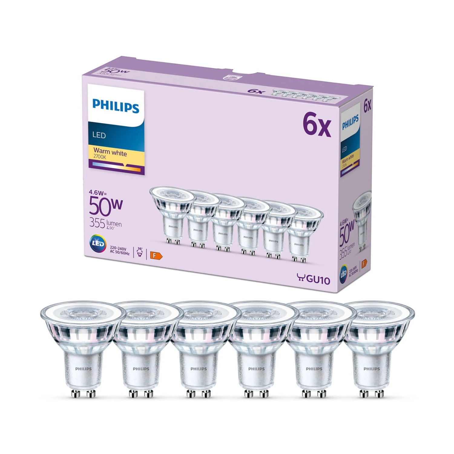 Philips LED-Lampe GU10 4,6W 355lm 827 Klar 36° 6er 1 Philips LED-Lampe GU10 4,6W 355lm 827 Klar 36° 6er