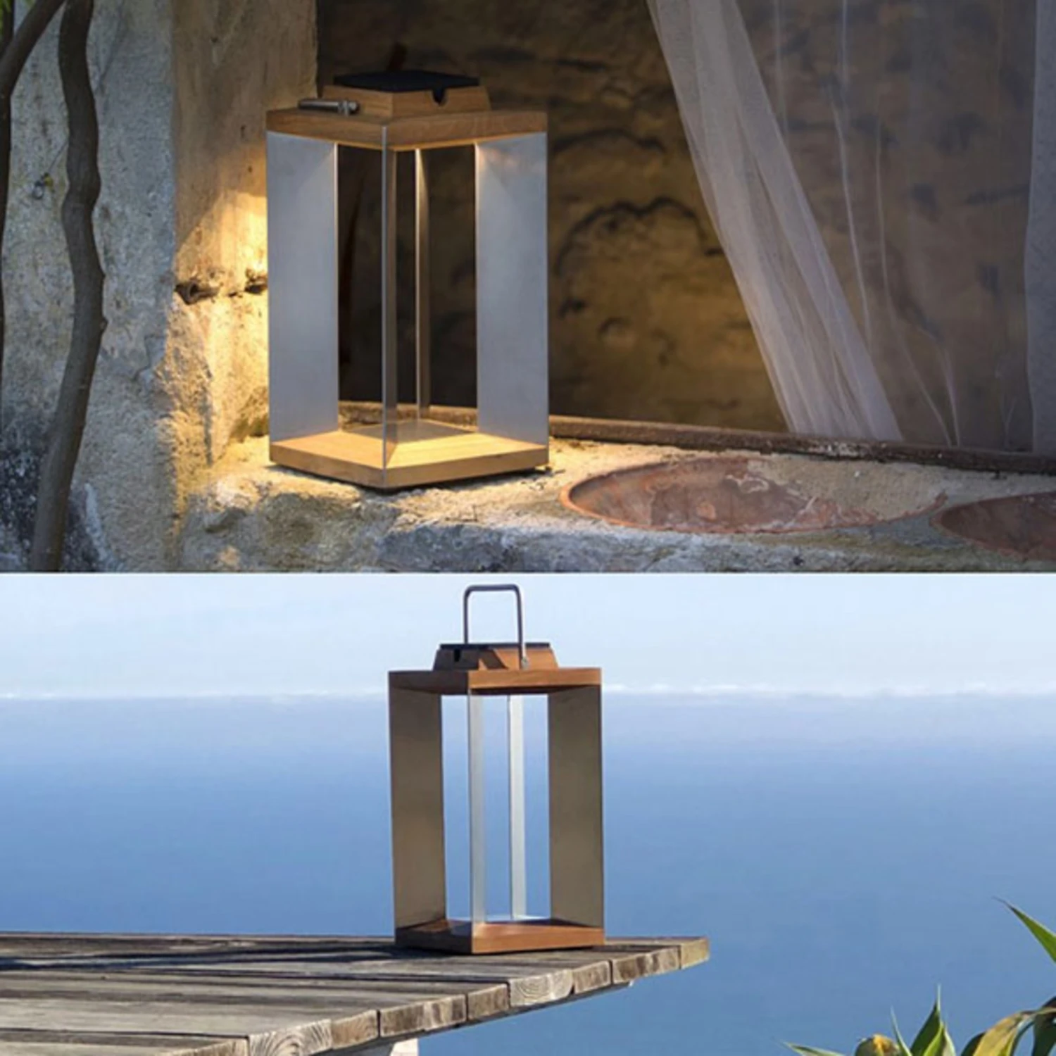 LED-Solarlaterne Teckinox, Teak/Stahl, 45,5cm 2 LED-Solarlaterne Teckinox, Teak/Stahl, 45,5cm – Bild 2