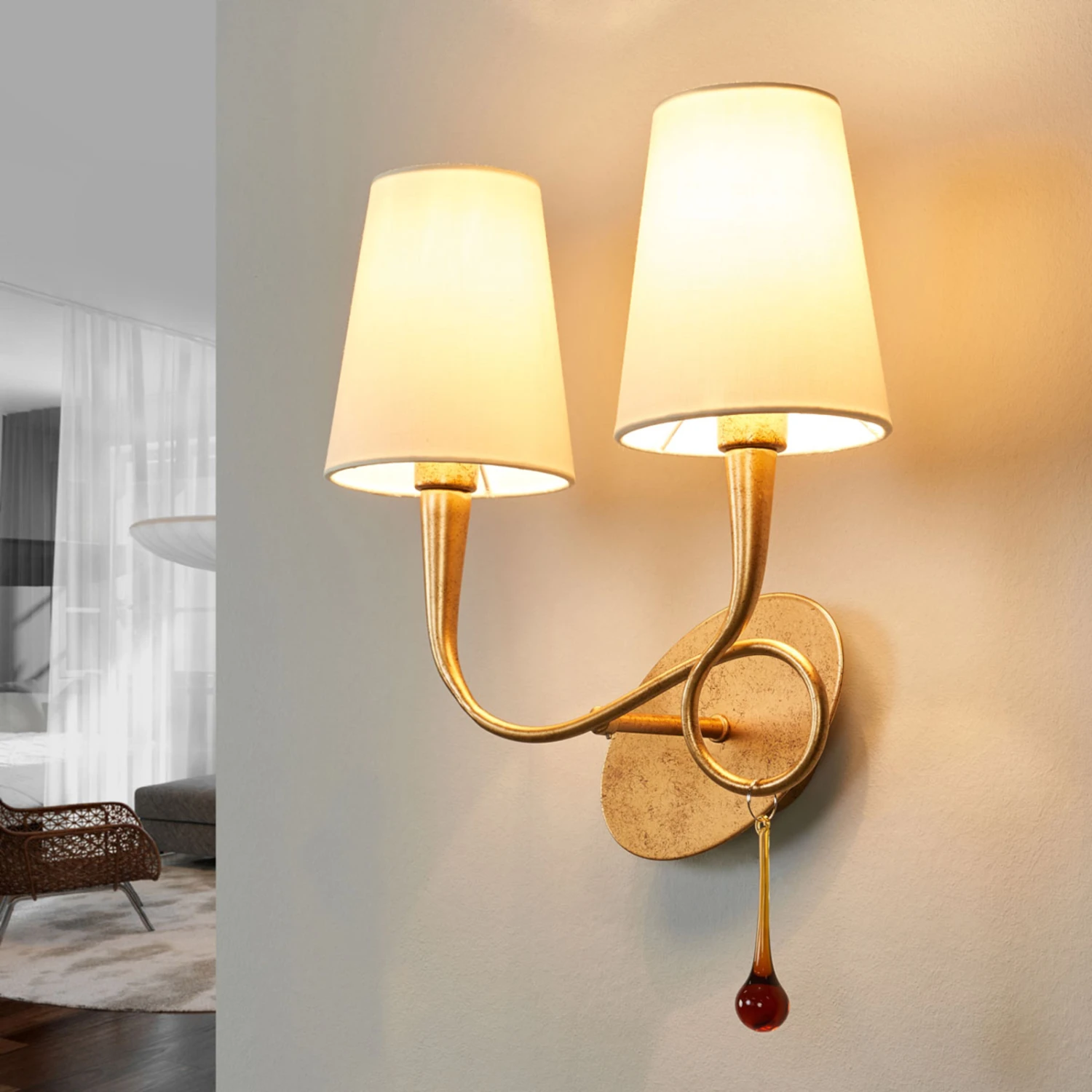 Wandleuchte Paola 2fl Gold Mit Textilschirmen 3 Wandleuchte Paola 2fl Gold Mit Textilschirmen – Bild 3