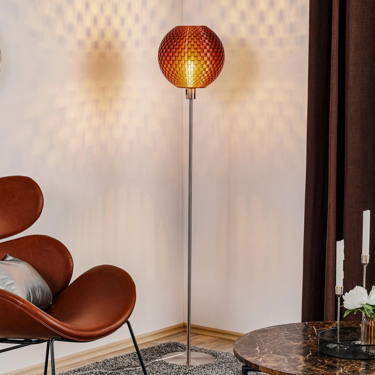Stehleuchte Flechtwerk, Kugel, Kupfer 1 Stehleuchte Flechtwerk, Kugel, Kupfer