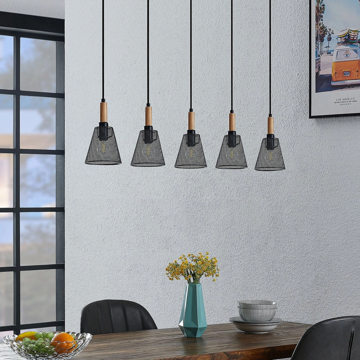 Lindby Layne Pendellampe, Korbschirme, Fünfflammig 2 Lindby Layne Pendellampe, Korbschirme, Fünfflammig – Bild 2